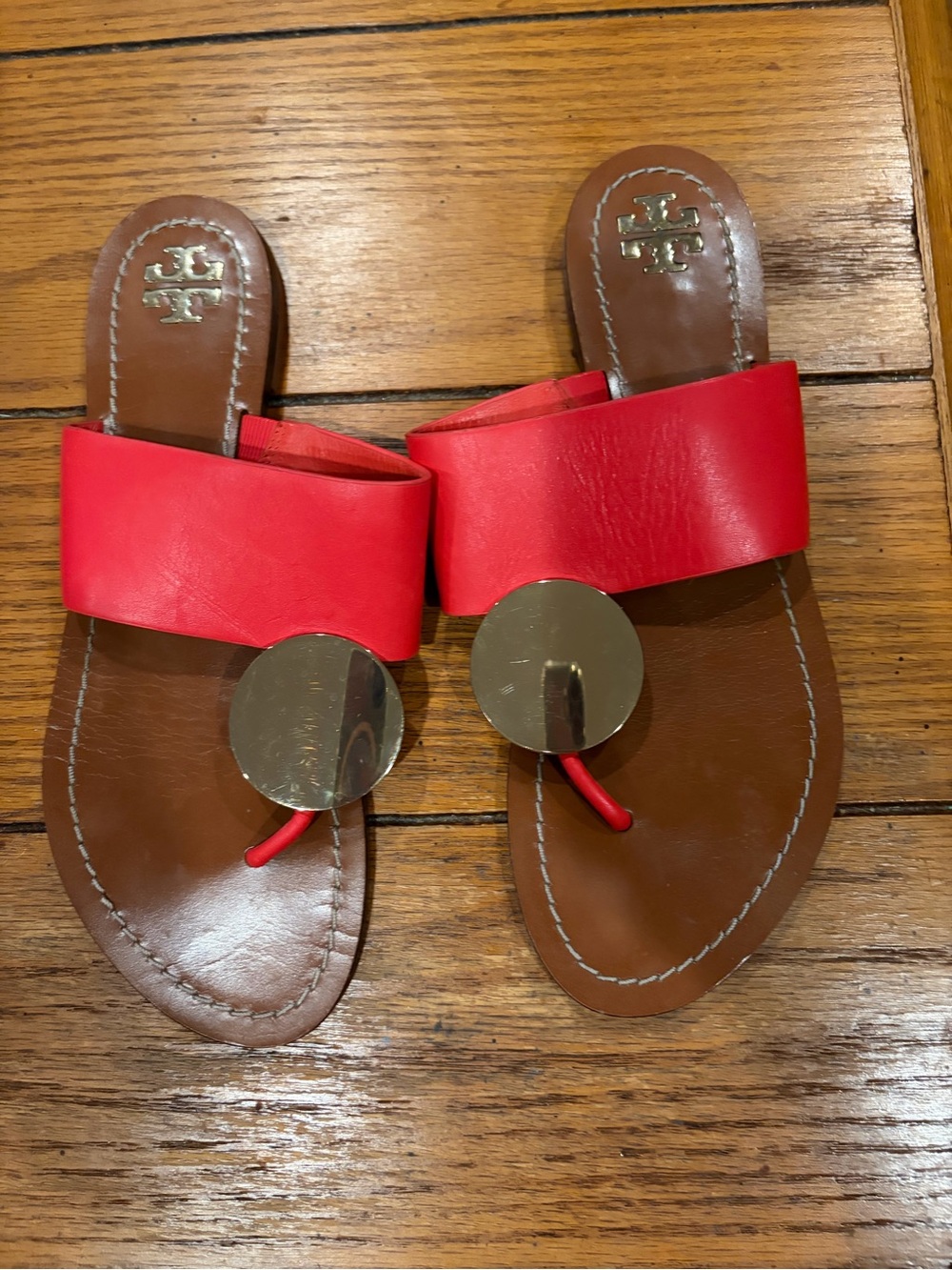 Tory Burch Red Leather Toe-Post Sandals with Gold Disc